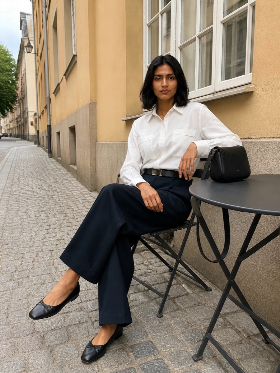 Max mara navy wide leg trousers white shirt