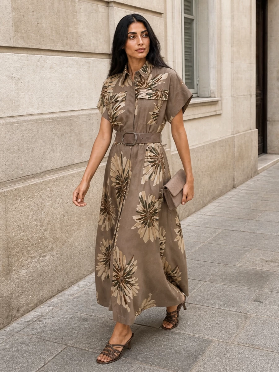 Brunello cucinelli taupe floral shirt dress outfit
