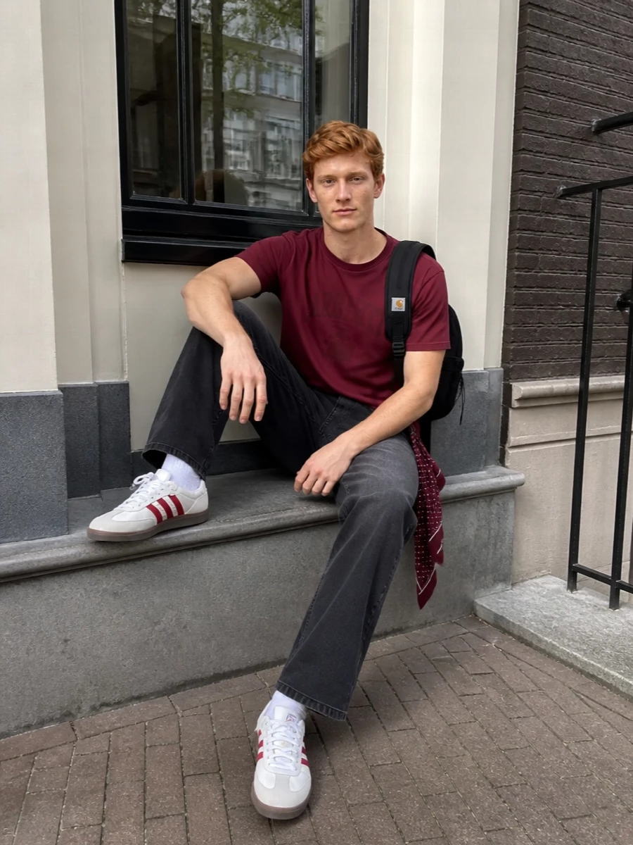 Carhartt burgundy tee black jeans adidas trainers