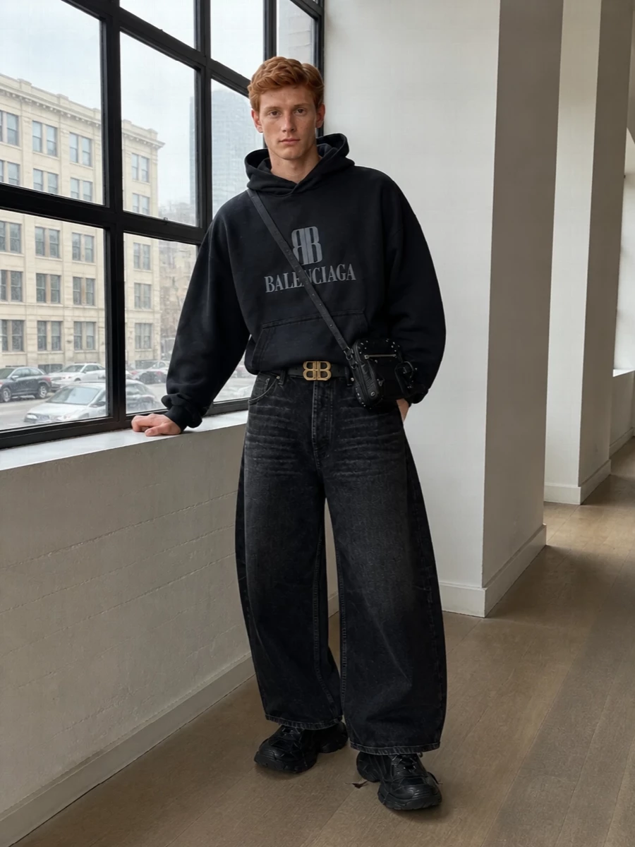 Balenciaga wide cropped jeans black hoodie sneakers