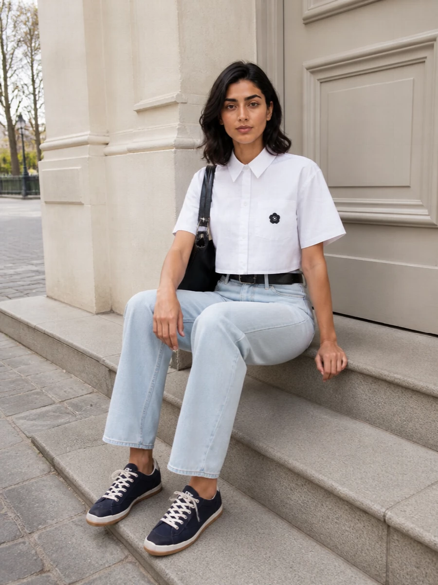 A crisp cropped shirt against pale straight-leg denim creates a clean, lifted take on Kenzo streetwear. Navy sneakers and a structured black shoulder bag add just enough contrast, keeping the palette cool and graphic. A simple black belt finishes the waist so the high-rise silhouette stays sharp but relaxed for all-day wear.