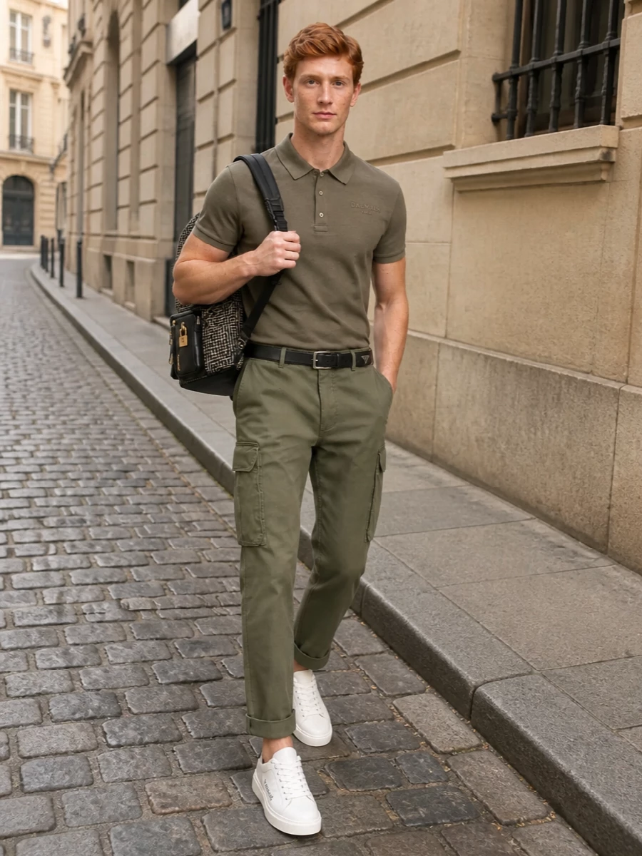 Balmain cargo pants outfit polo sneakers