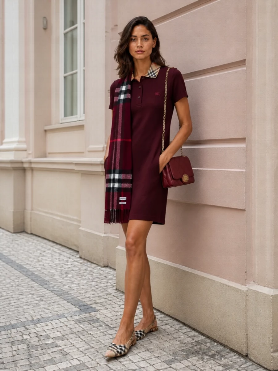 Burberry burgundy polo dress check flats bag