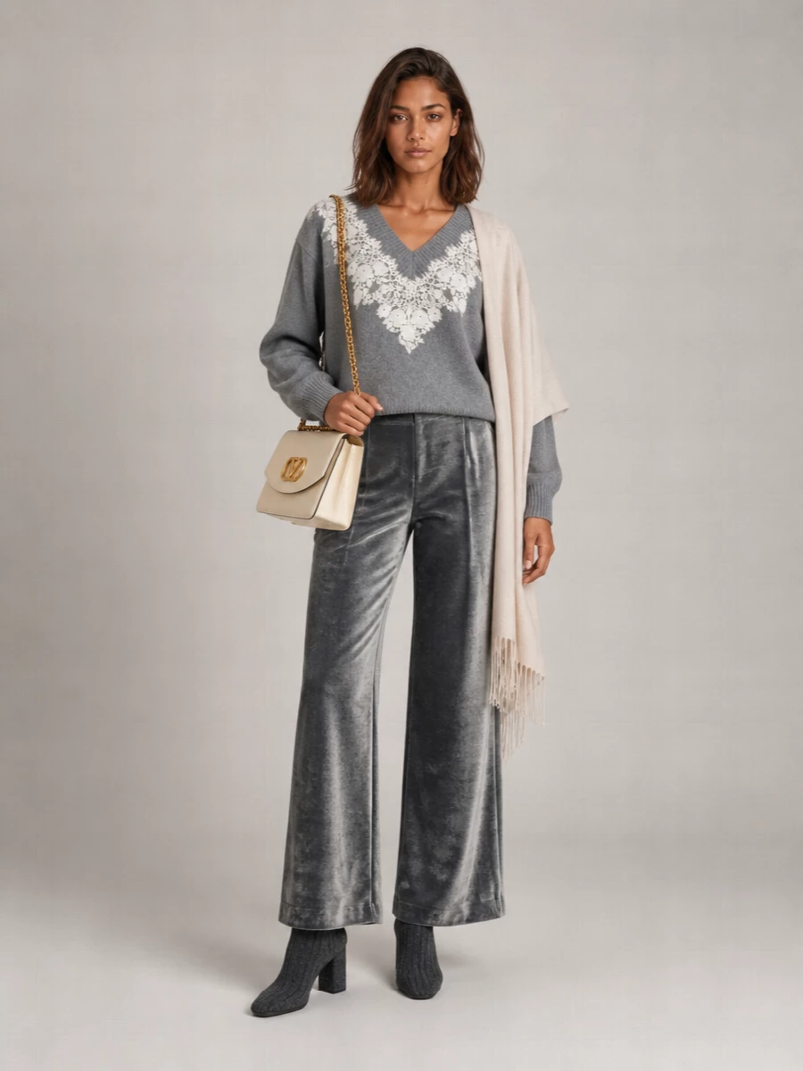 Alberta Ferretti Cashmere V-Neck Fine-Knit Lace-Appliqué Sweater