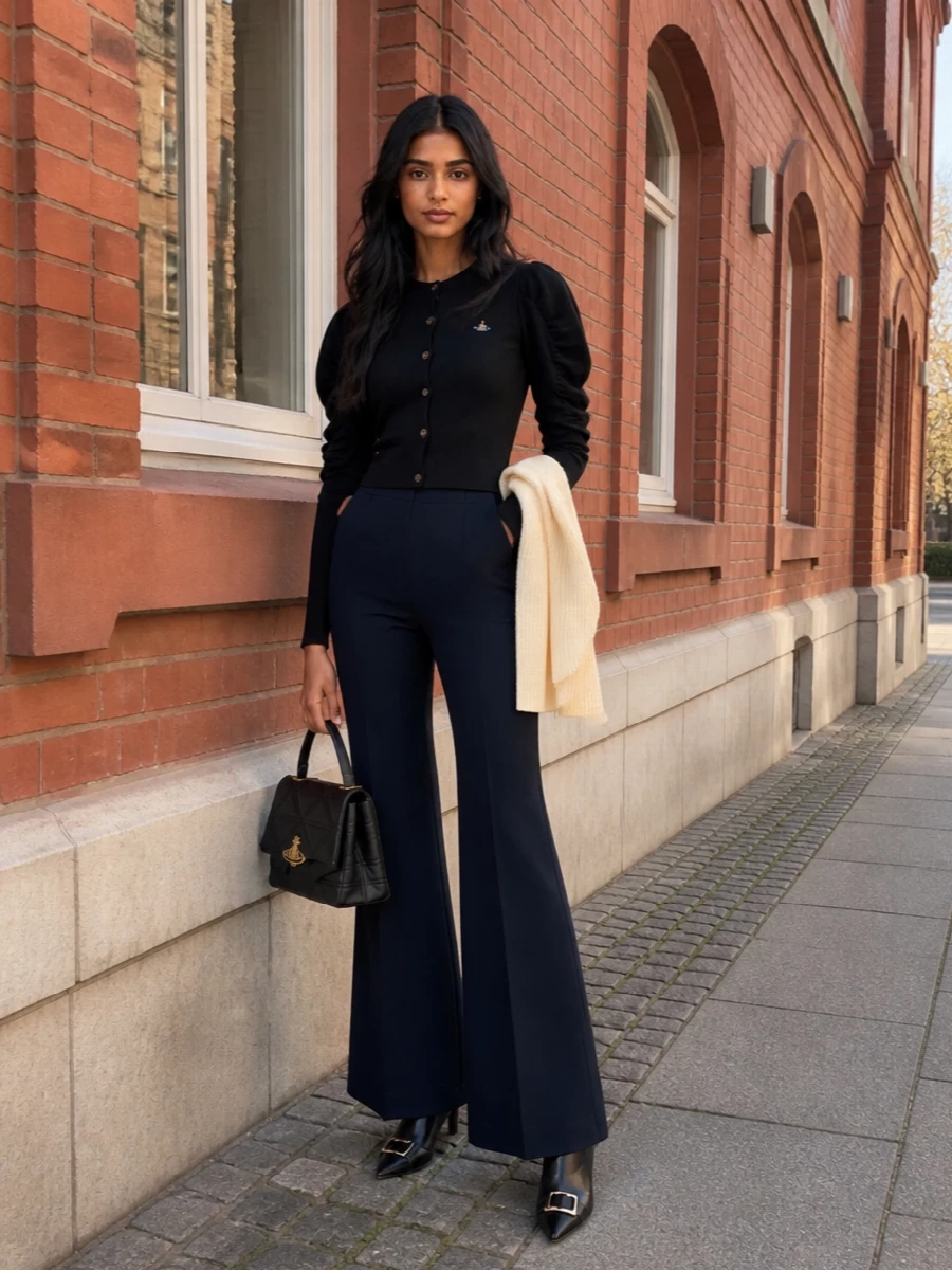Vivienne westwood cardigan navy flared trousers outfit
