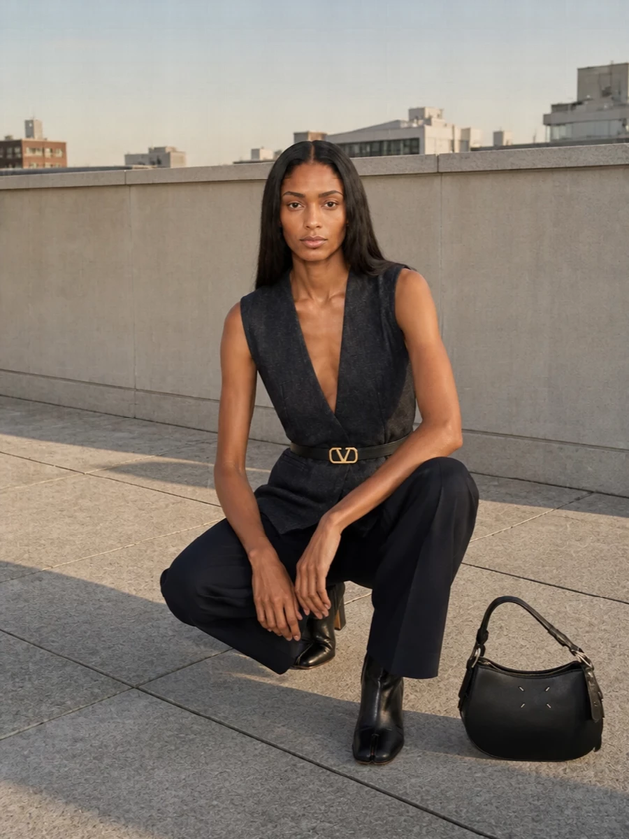 Charcoal denim tailoring on top meets deep navy wool below to form a long, clean column that reads sharp but relaxed. The sculptural black boots and curved shoulder bag keep the lines graphic, while a slim logo belt adds just enough definition and polish. It is a quietly assertive city uniform that moves easily from creative office hours to late dinners.