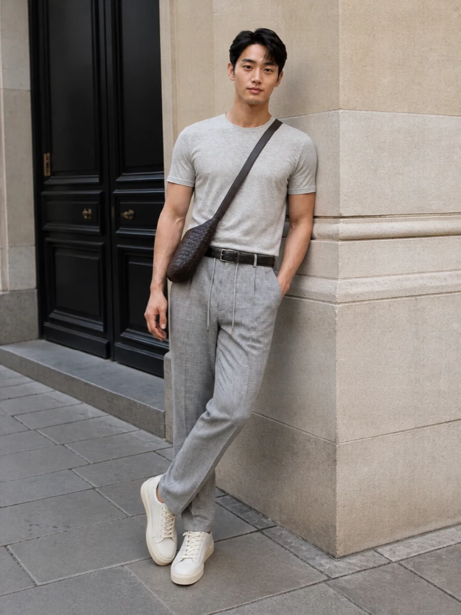 This look builds a softly tonal column around the heather-grey tee and light-grey drawstring trousers, keeping the silhouette relaxed but impeccably neat. Cream-and-sand sneakers lighten the palette at the foot, while the espresso intrecciato crossbody and discrete black belt quietly sharpen the outfit without disturbing its minimalist, SS-ready ease. It’s an elevated off-duty uniform that feels considered yet completely unforced.