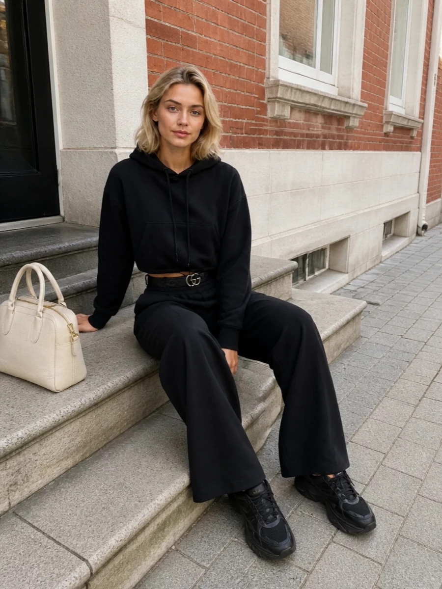 Golden goose cropped hoodie black wide leg pants