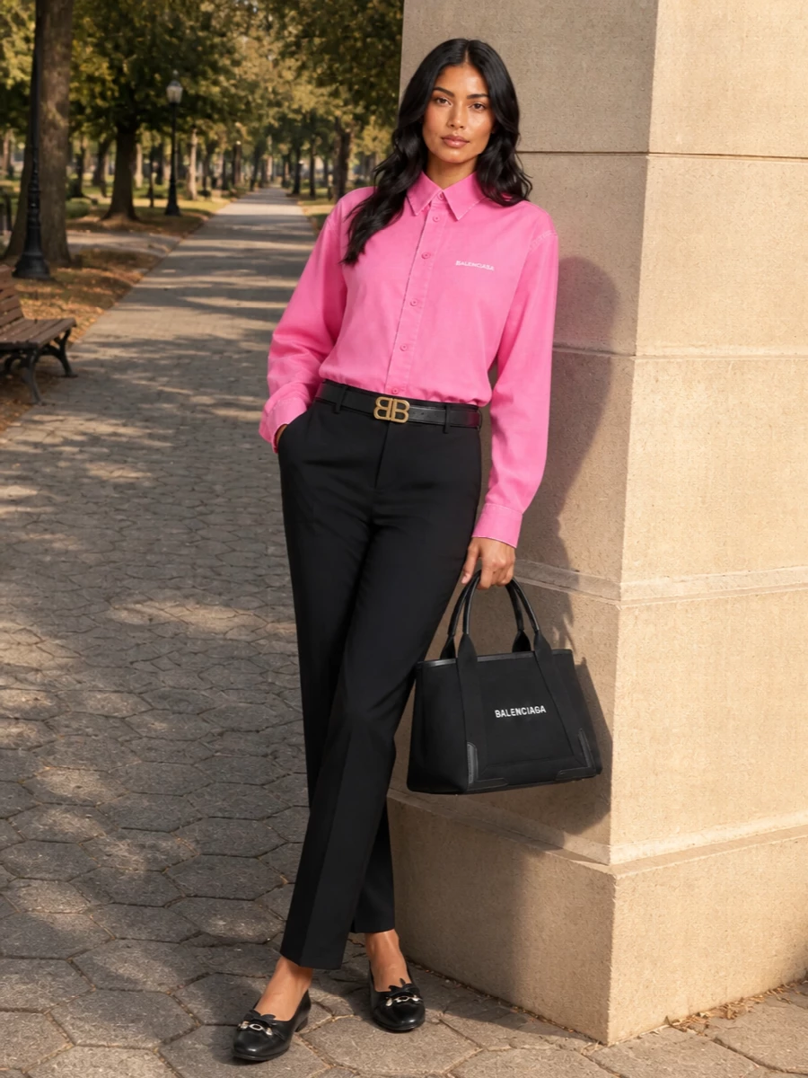 Balenciaga pink shirt black tailored trousers outfit