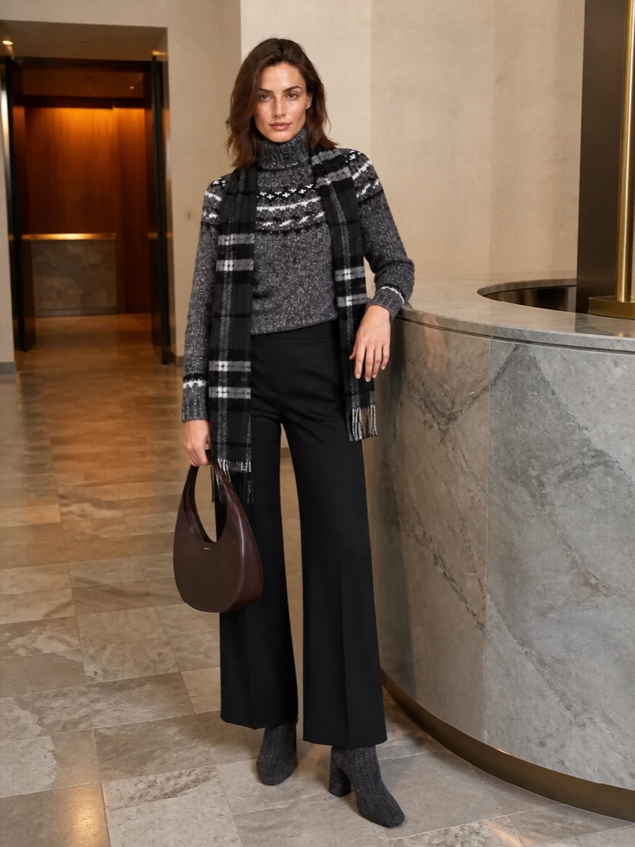 Parosh fair isle sweater wide leg trousers outfit