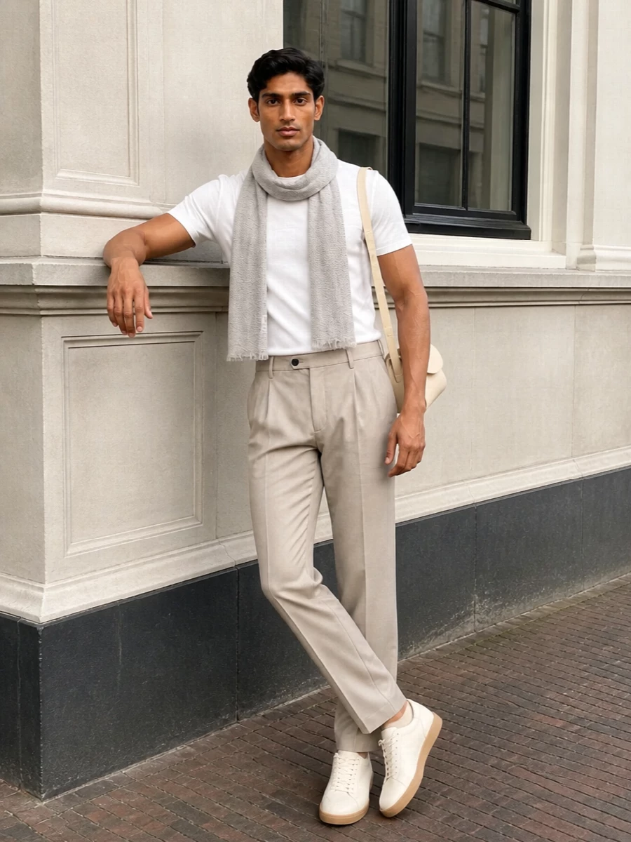 Soft white and stone sit quietly together here, giving the tee a tailored partner that still feels easy in warm weather. Cream leather sneakers and a pale sculptural shoulder bag keep everything neutral and precise rather than sporty. A finely textured grey scarf introduces just enough contrast to give depth without disturbing the calm, minimalist mood.