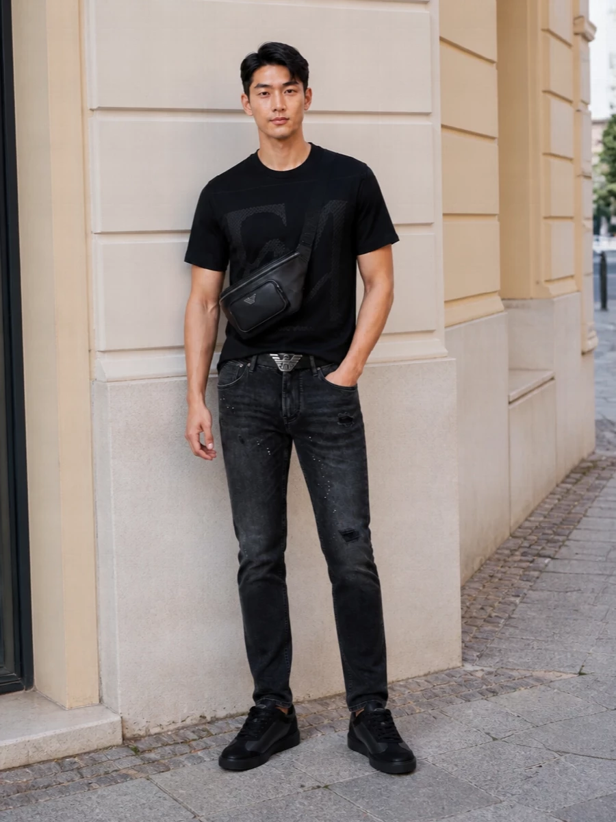 Emporio armani black logo tee washed black jeans