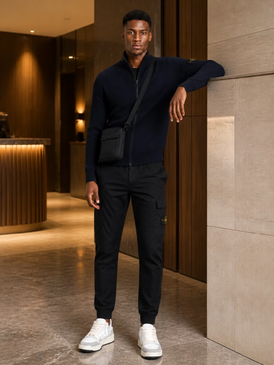 Stone island navy jacket black cargo outfit