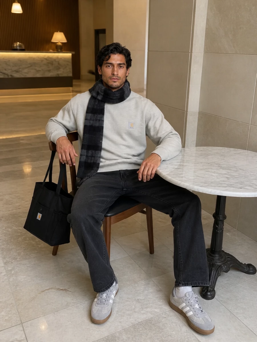 Soft stone up top and washed black down low keep this Carhartt WIP pairing calm and grounded, with the straight leg giving the crew a clean, no-drama line. Grey terrace sneakers and a black utility tote stay within the same neutral spectrum, so the whole mix reads considered without feeling styled. The check scarf pulls the charcoals together and adds just enough texture for colder city days.