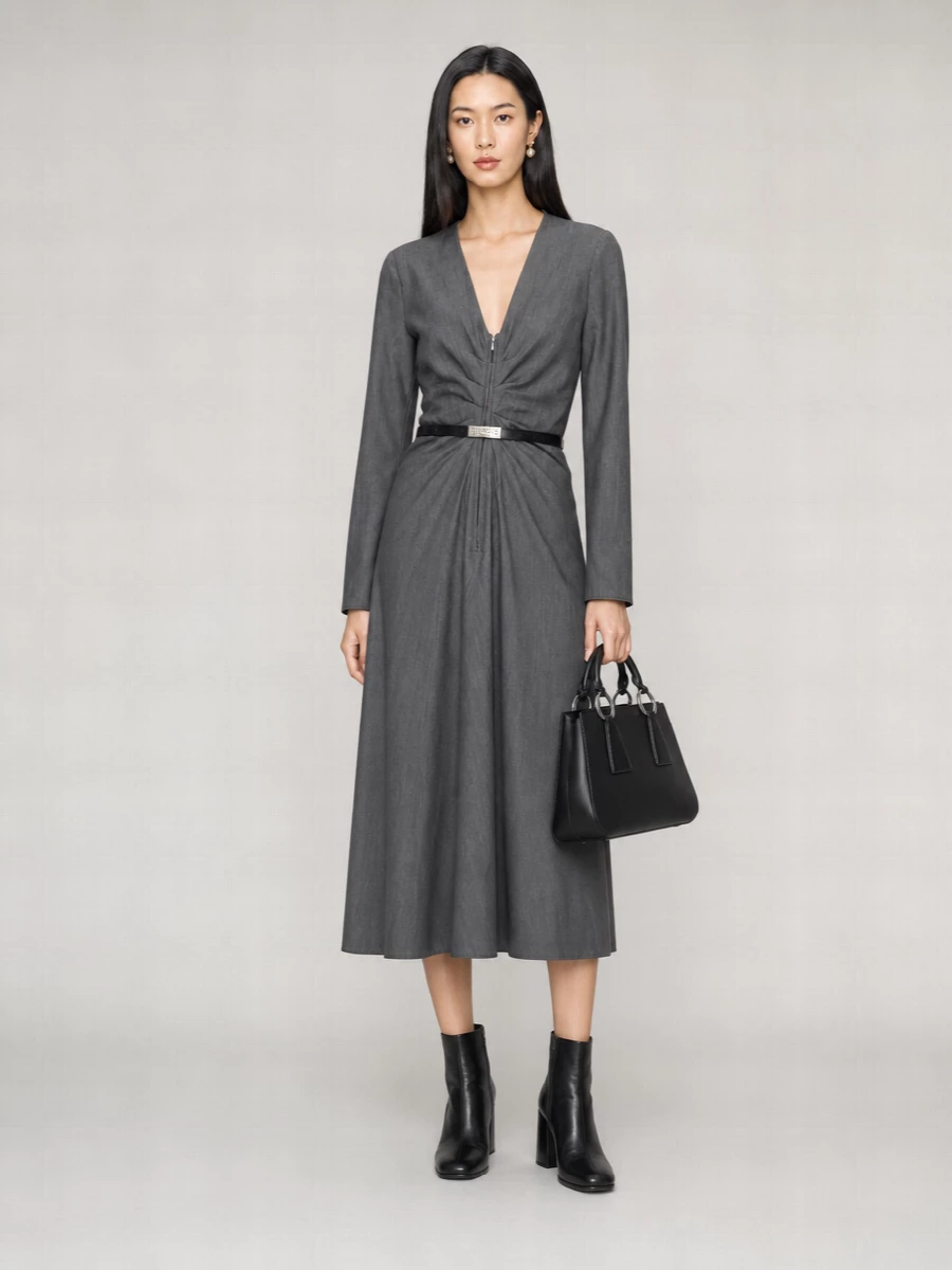 Mm6 Maison Margiela virgin wool v-neck long-sleeve knee-length dress