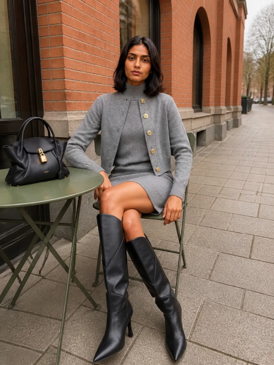 Balmain grey knit dress black knee boots