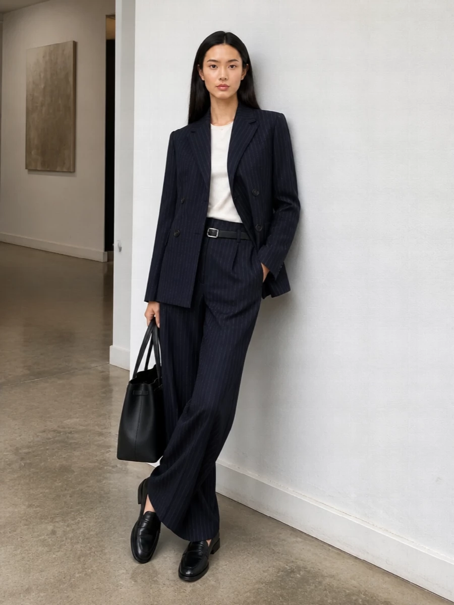 Max mara navy pinstripe suit black loafers