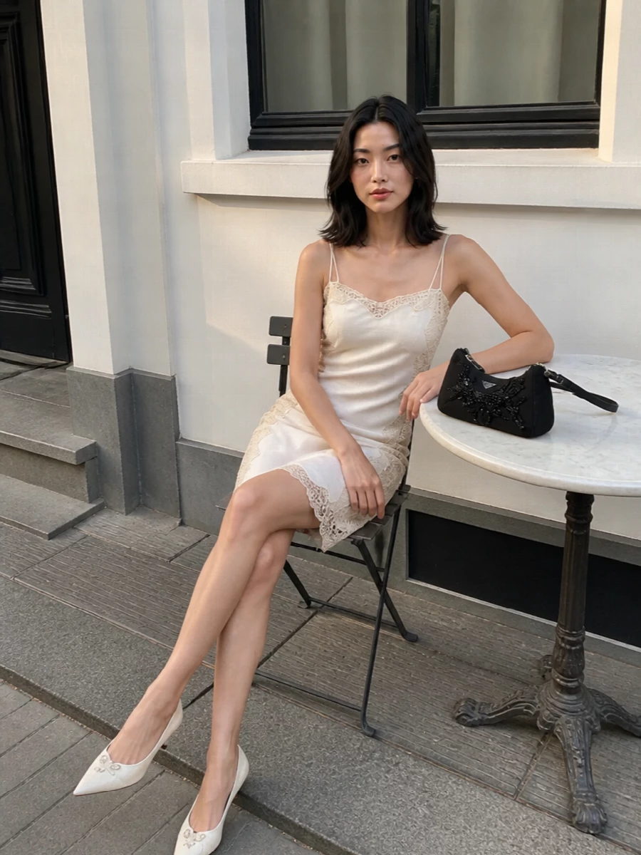 The ivory lace slip dress and feathered kitten-heel pumps create a soft, luminous cocktail ensemble that feels intimate yet impeccably polished. Choosing the dress route keeps the line clean and columnar, letting the delicate textures and subtle shimmer do the work. A compact black beaded baguette adds just enough contrast and sparkle to ground the light palette for evening without breaking the quiet romantic mood.