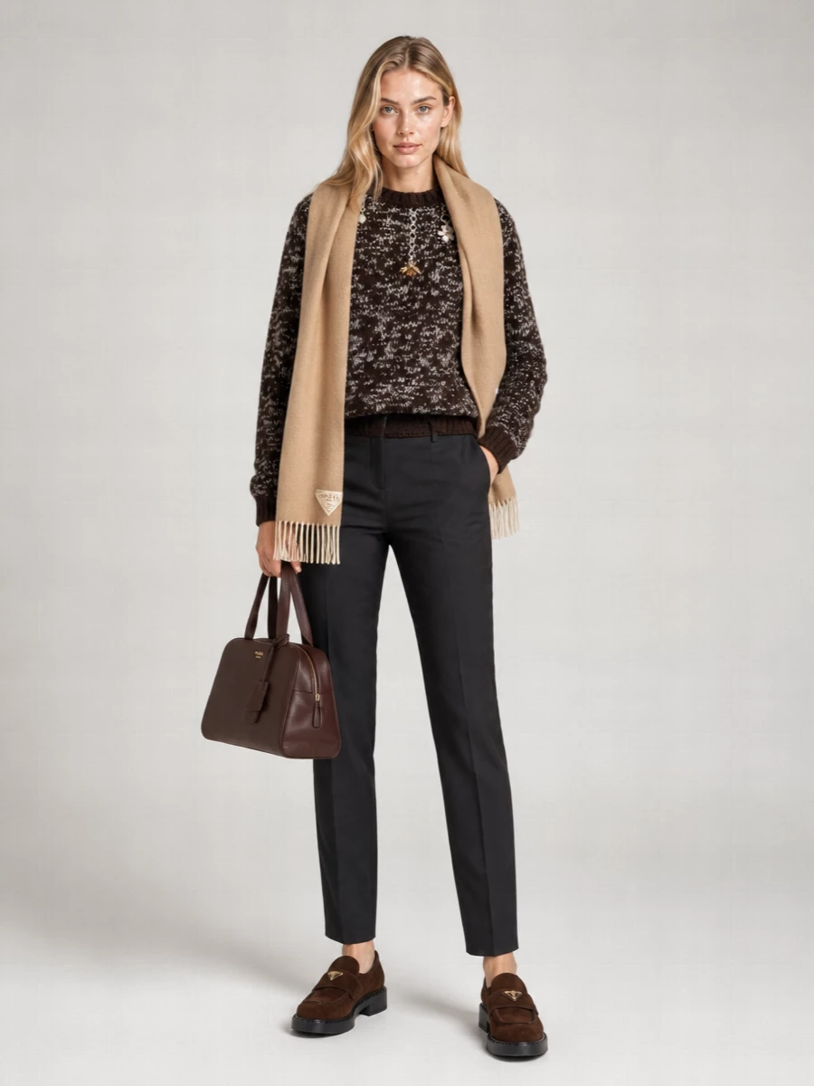 Prada Wool Speckled Oversized Crew Neck Long-Sleeve Ribbed Trim Charm-Embellished Jumper