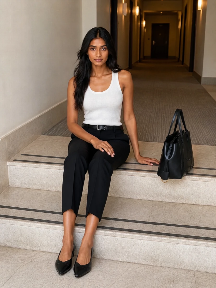 Crisp black Totême tailoring is grounded with a slim white ribbed tank for a sharp, almost uniform take on everyday polish. Pointed black flats and a structured black tote keep the silhouette long and uncluttered, while a discreet black belt gives subtle definition at the waist. The result is a pared-back, quietly confident ensemble that moves easily from desk to late-day plans.