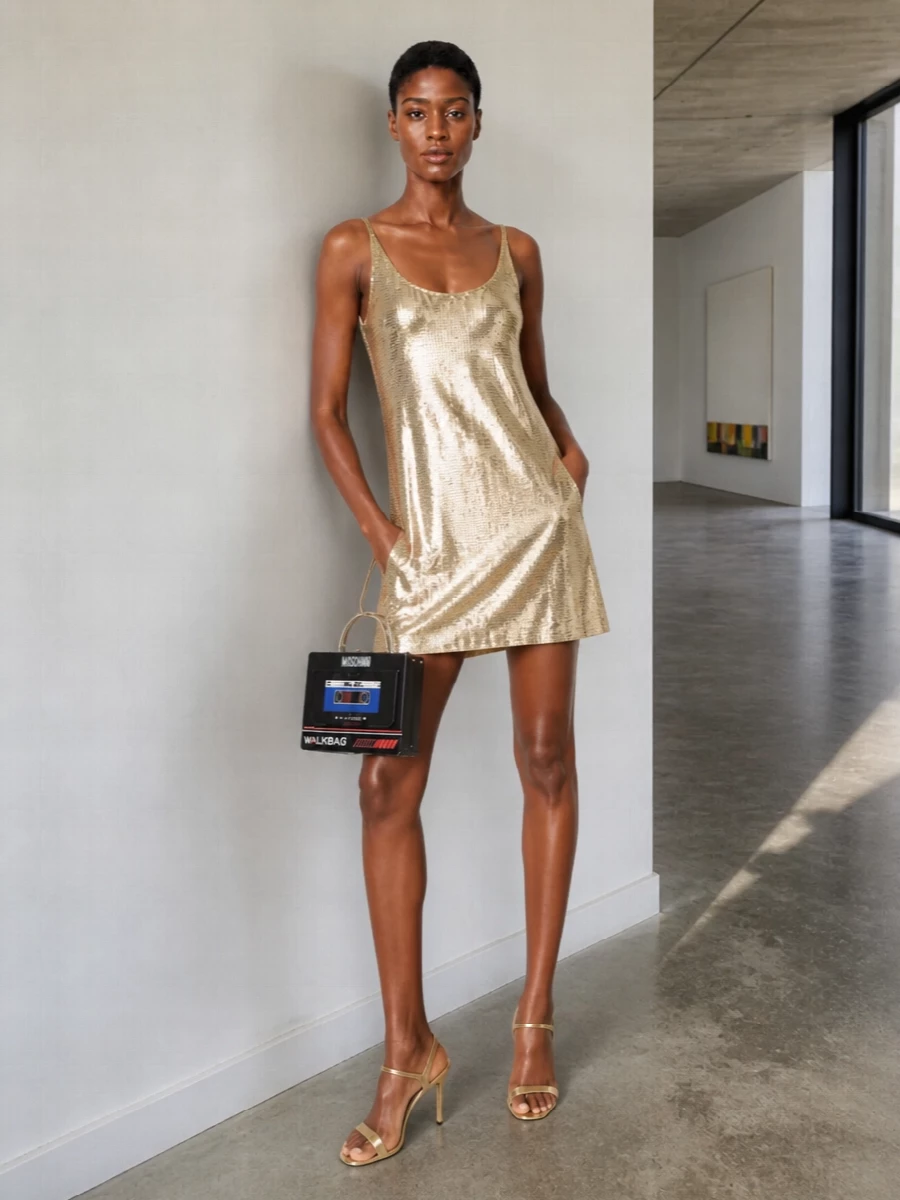This is a pure nightlife moment: the gold Paco Rabanne mini turns your body into the mirrored counterpart to Moschino’s cassette clutch, all shine, movement and unapologetic y2k attitude. Gold Jimmy Choo sandals keep the lines long and clean while amplifying the metallic story, letting the bag’s graphic black and red details read as the sharp, nostalgic accent. Choosing the dress route instead of separates keeps the silhouette simple and sculpted so the texture, light and accessories can do the talking.