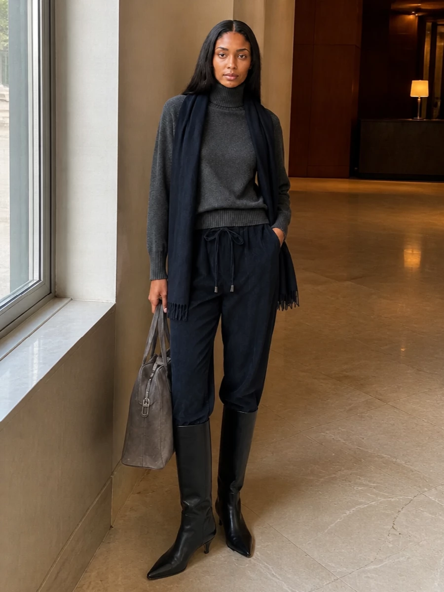 Giorgio armani navy trouser charcoal knit outfit