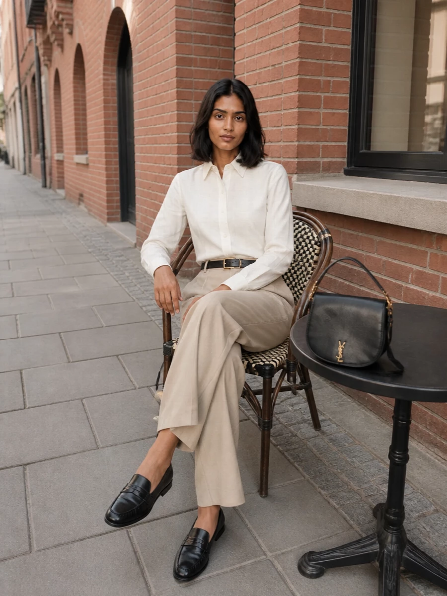 Saint laurent ivory shirt beige wide leg trousers