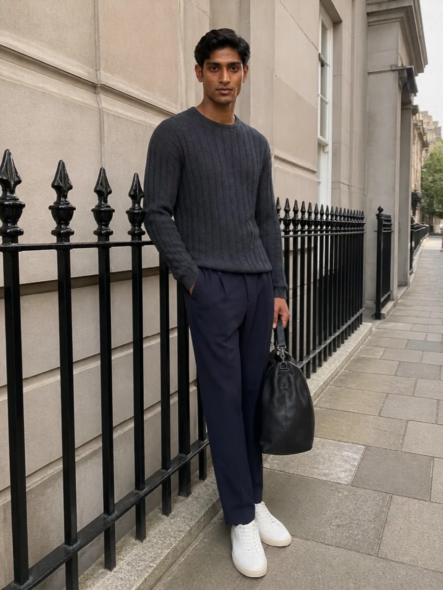 Giorgio armani grey sweater navy pleated trousers