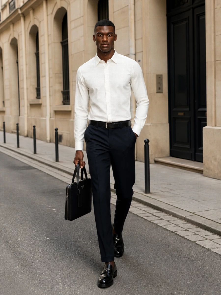 Prada poplin shirt navy tailored trousers outfit