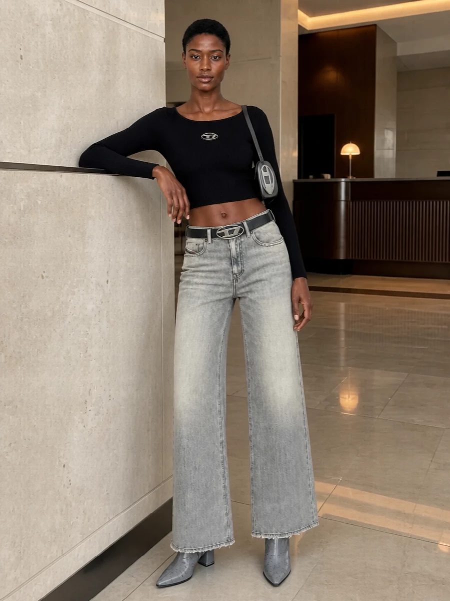 Diesel wide leg jeans cropped knit grey boots