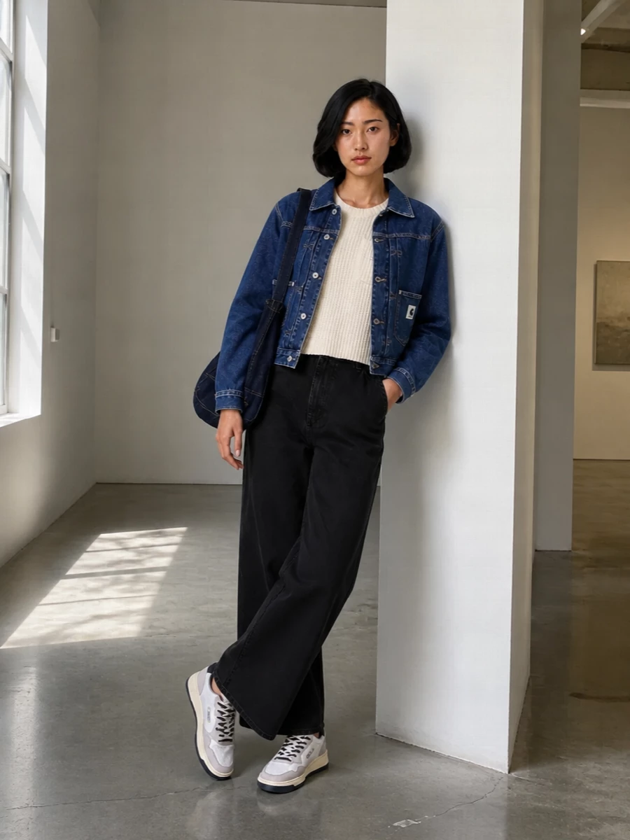 Carhartt denim jacket wide leg jeans outfit