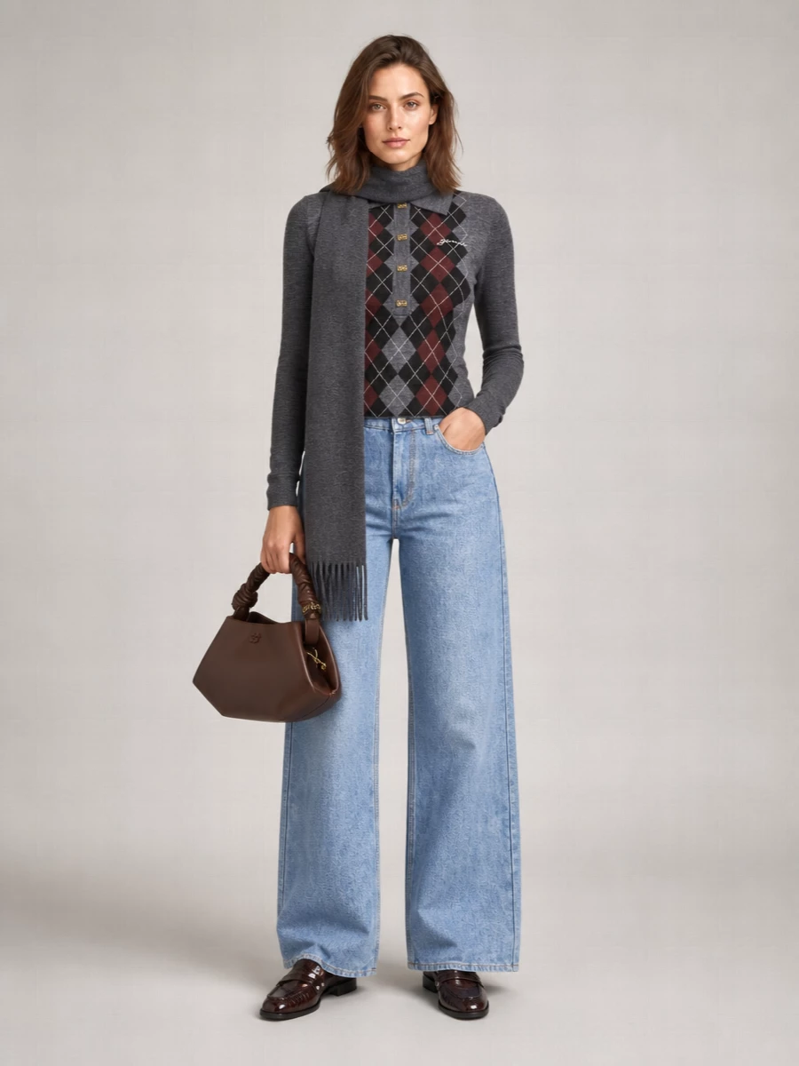 Ganni Diamond Pattern Knit Polo Collar Sweater