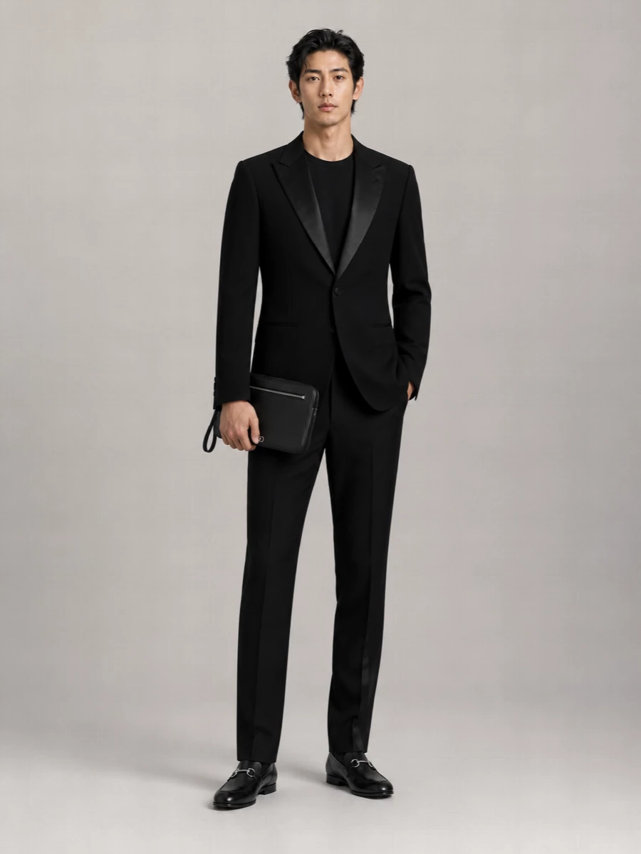 A pure black-tie line, cut clean and sharp so the Gucci slipper feels intentional rather than casual. The tuxedo tailoring stays close and disciplined, letting subtle satin and silver details carry the message. It is a quietly assertive evening ensemble for formal dinners and gallery openings alike.