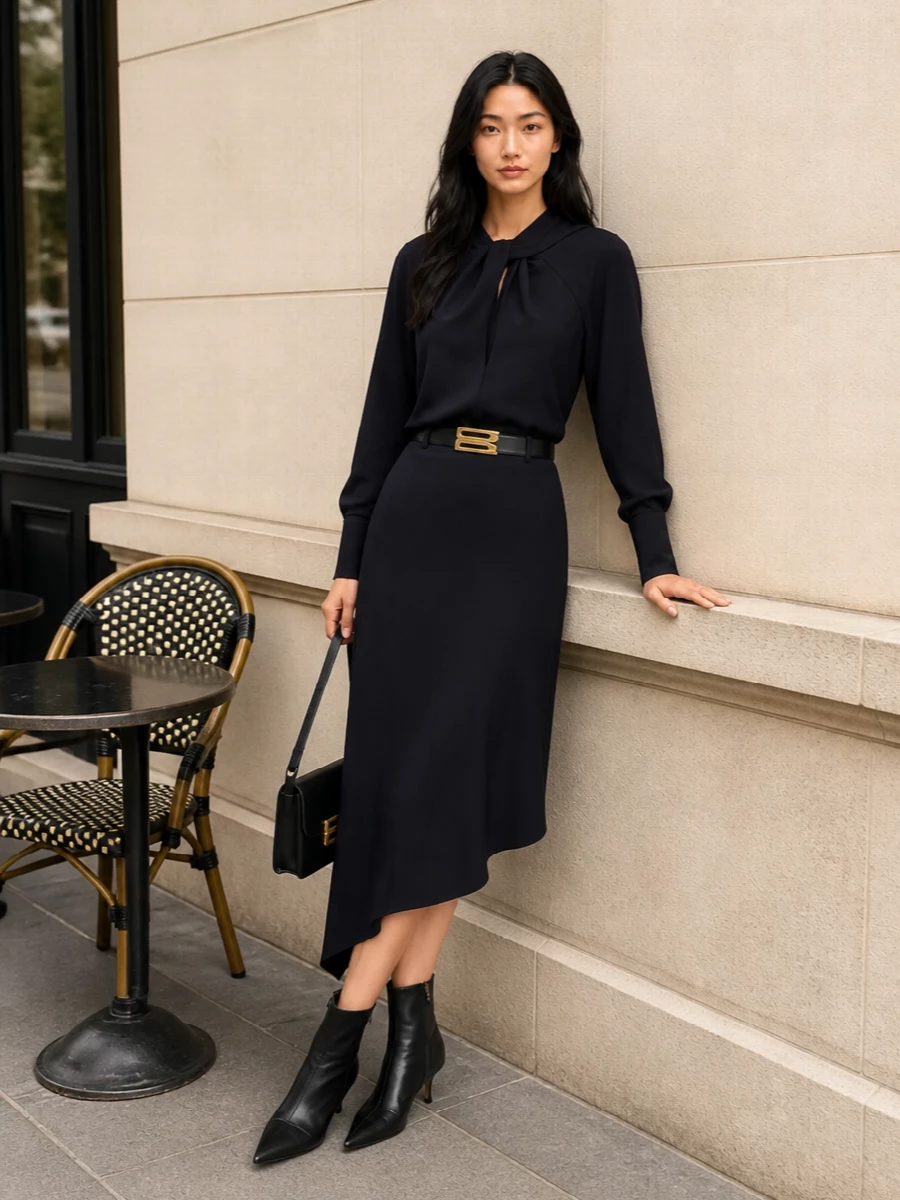 Victoria beckham navy midi skirt blouse outfit