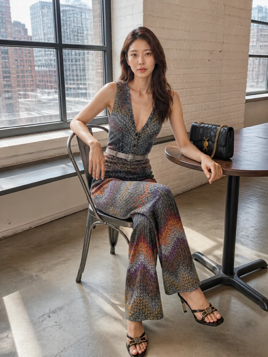 Missoni chevron bodysuit wide leg pants outfit