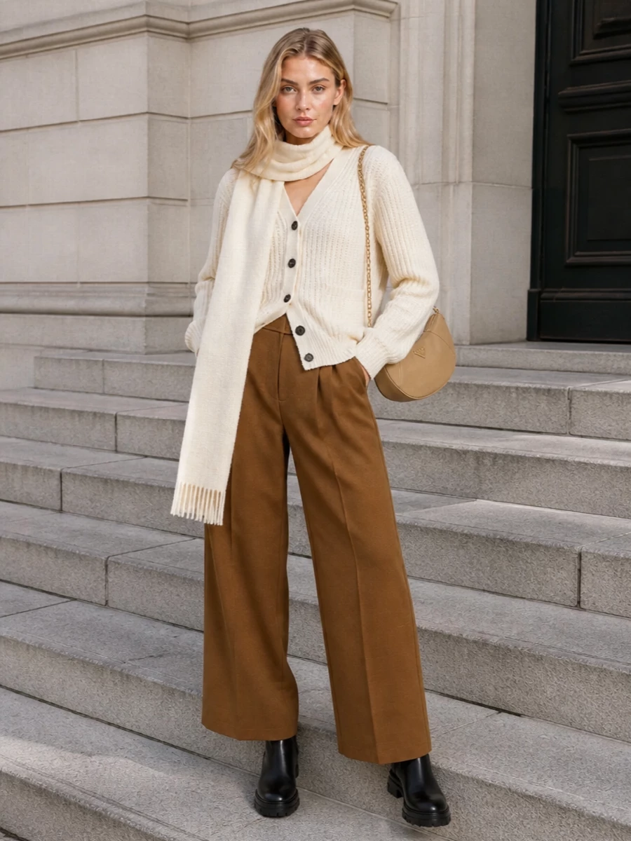 Ami cardigan camel wide leg trousers outfit