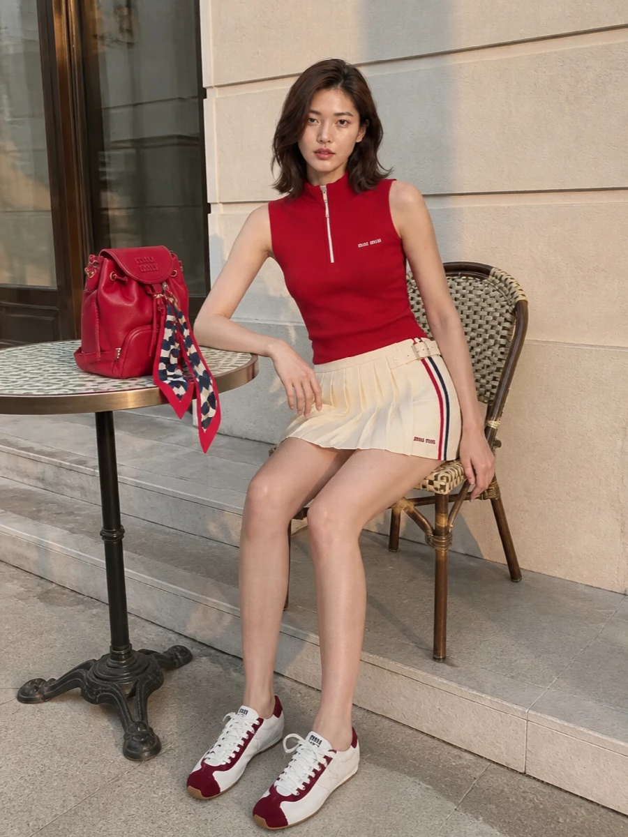 Miu miu red knit tennis skirt court style outfit