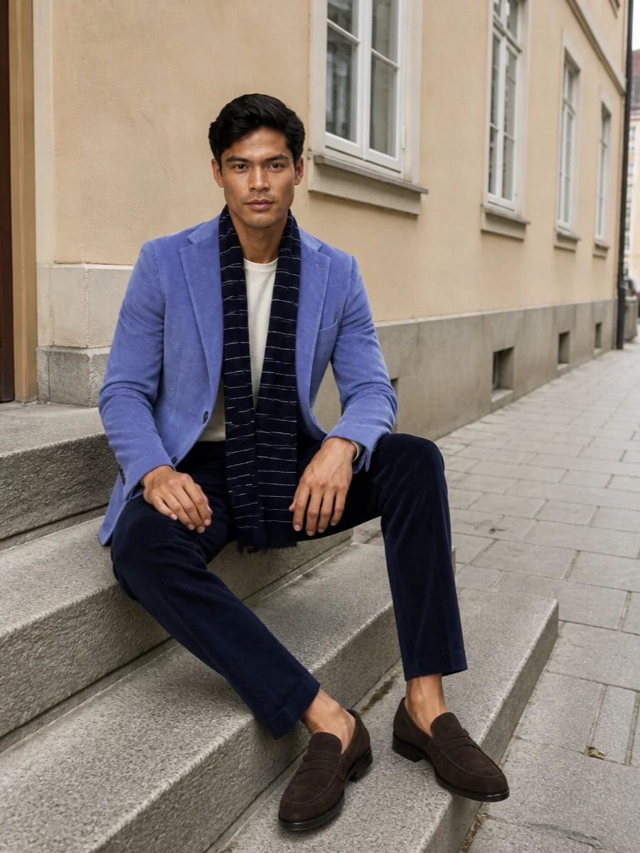 Tagliatore corduroy blazer navy trousers outfit
