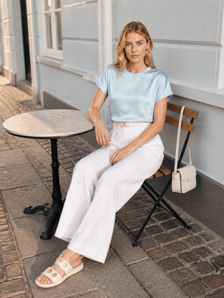 Pinko satin tee white wide leg trousers outfit