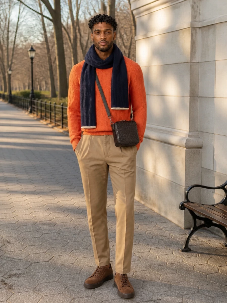 Etro orange sweater camel trousers tods sneakers