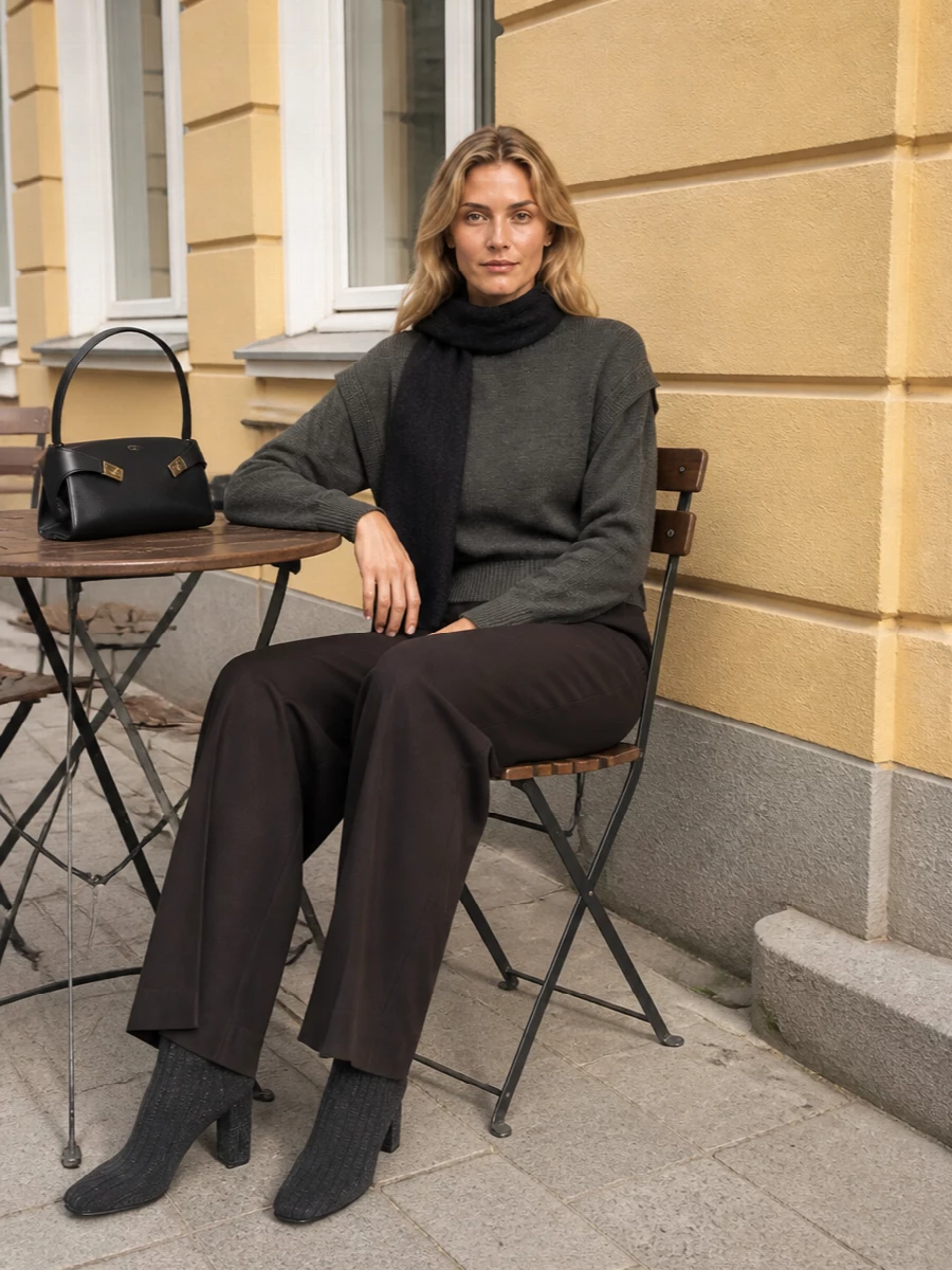 Alberta ferretti sweater wide leg trousers outfit