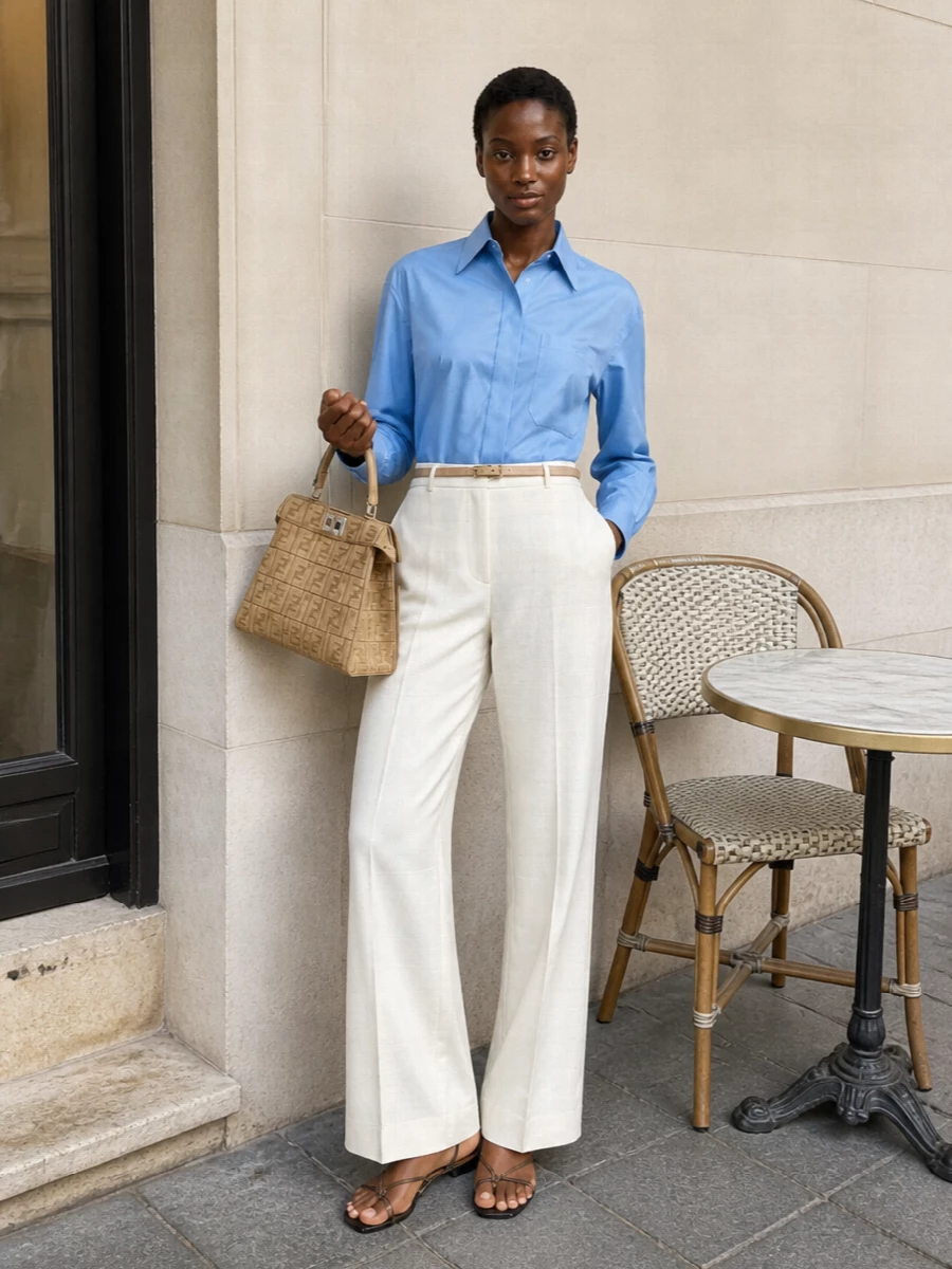 Fendi ivory wide leg trousers blue shirt outfit