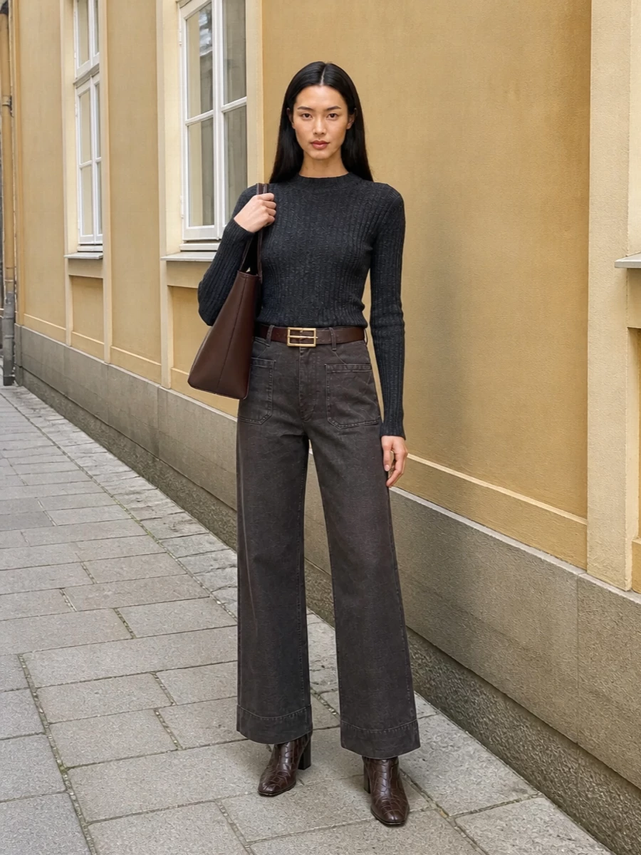 Victoria beckham wide leg jeans ribbed knit outfit