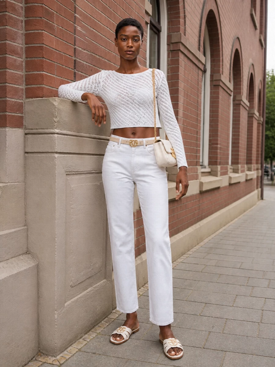 Pinko white cropped sweater white jeans outfit