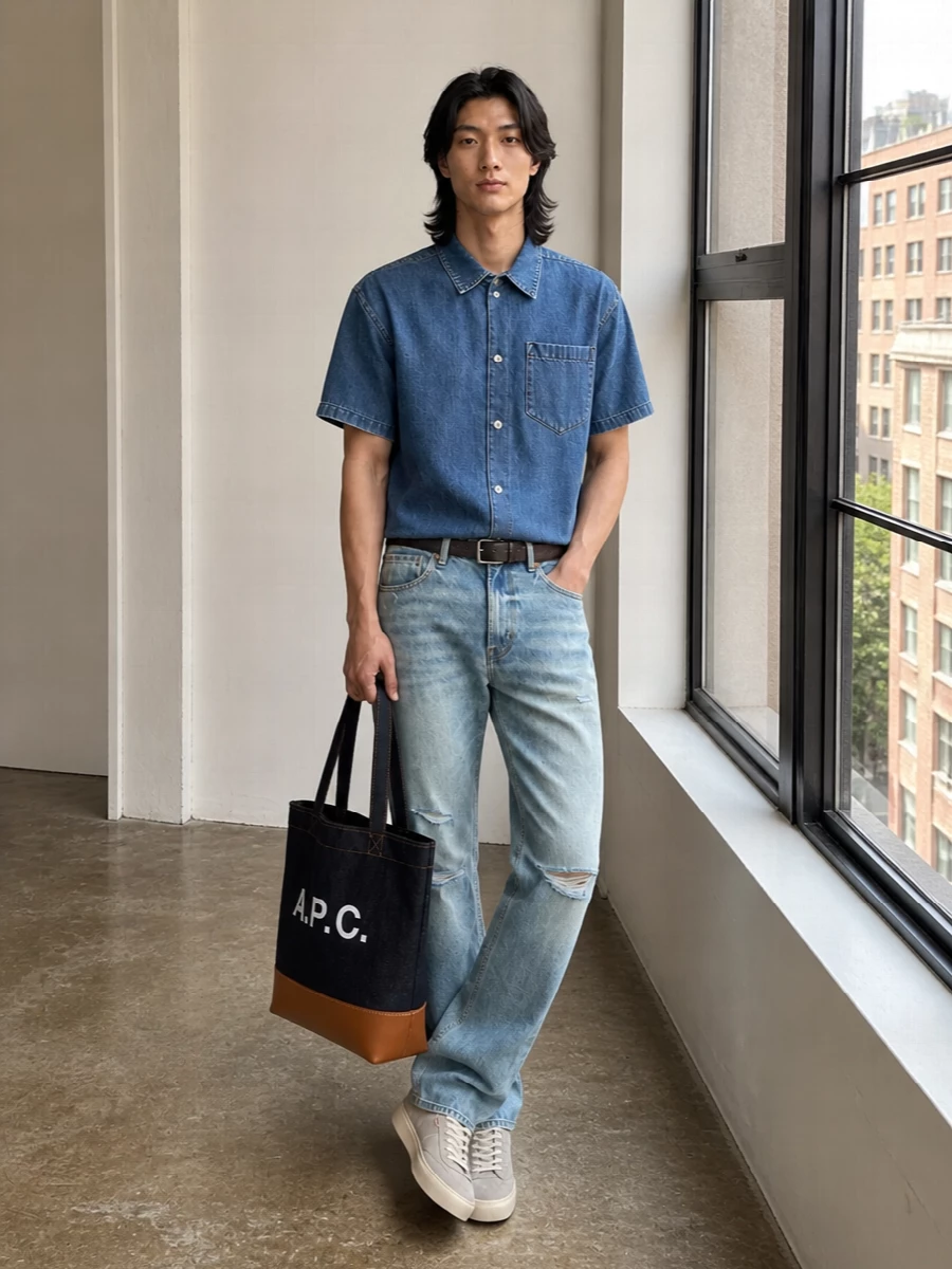 Sun-faded straight denim pairs with a boxy short-sleeve denim shirt for an easy, tonal take on double denim that still feels light and summery. Soft grey suede sneakers and a structured indigo A.P.C. tote pull the palette into a calmer, more polished space, while the whipstitched black belt adds just enough definition and texture at the waist. The result is relaxed California denim with a subtle European refinement that works from daytime city wandering to low-key drinks.