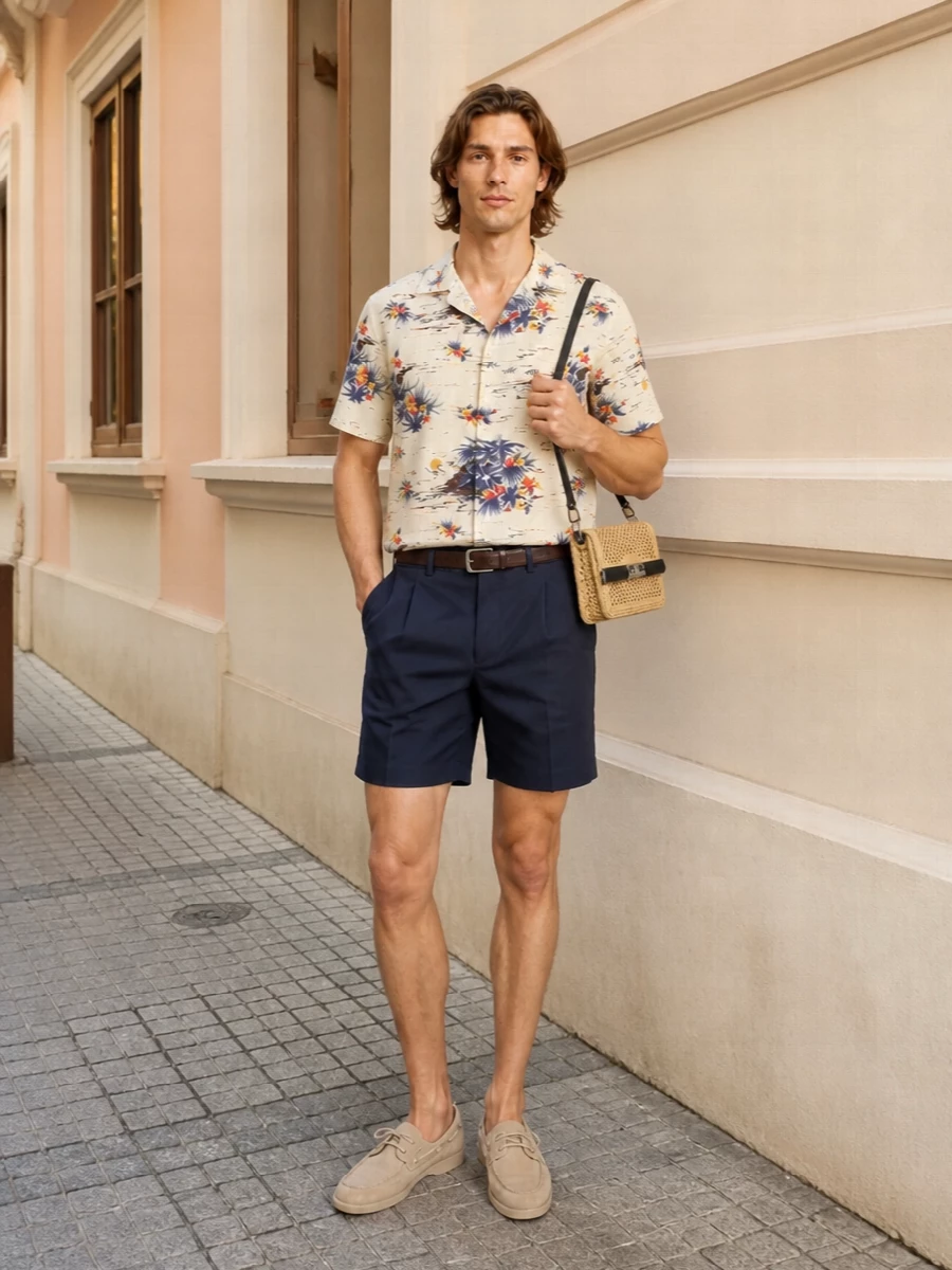 Prada tropical shirt navy tailored shorts outfit