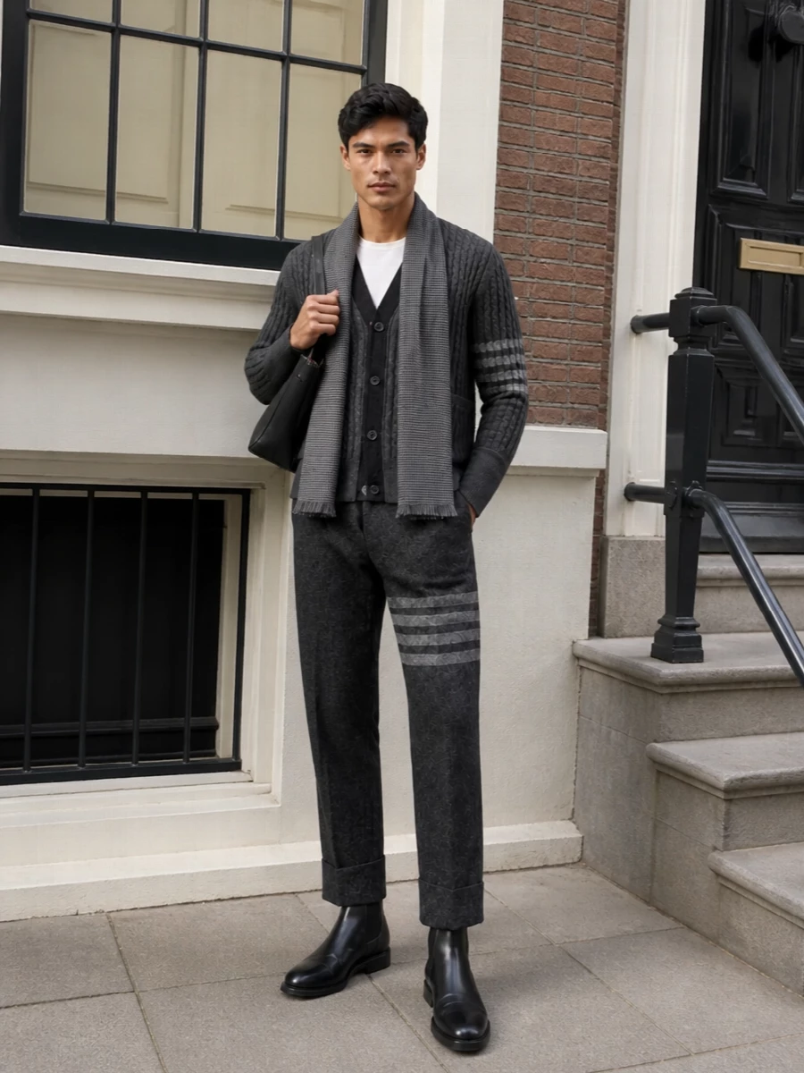 Thom browne grey cardigan cropped trousers outfit
