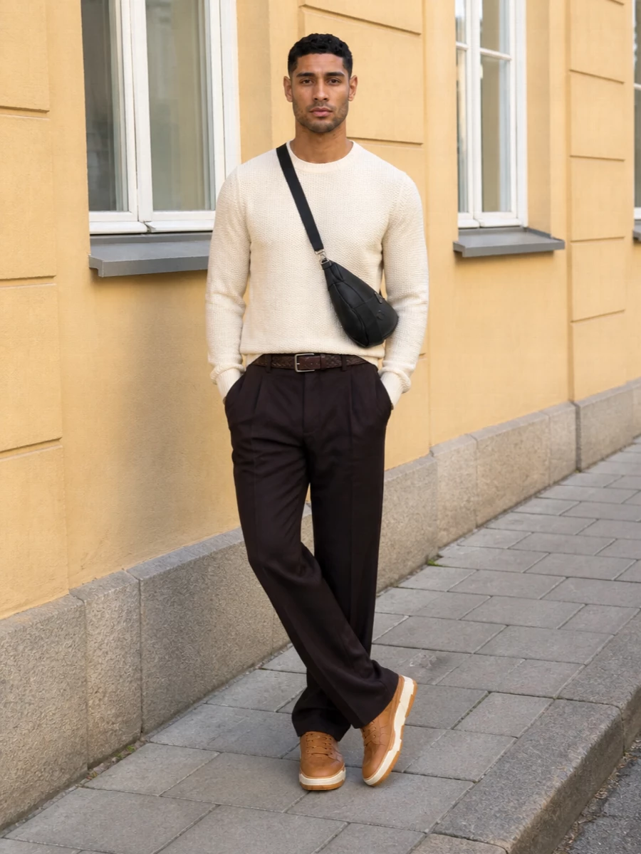 Amiri brown trouser buttercream knit prada bag