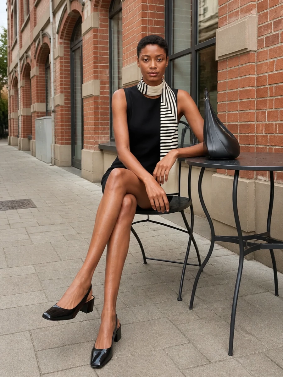 A clean black shift is paired with sculptural black slingbacks and a curved shoulder bag for a quietly confident city uniform. The graphic ivory scarf adds just enough interest while keeping the palette disciplined. It is refined enough for dinner yet relaxed enough for daytime errands and meetings.