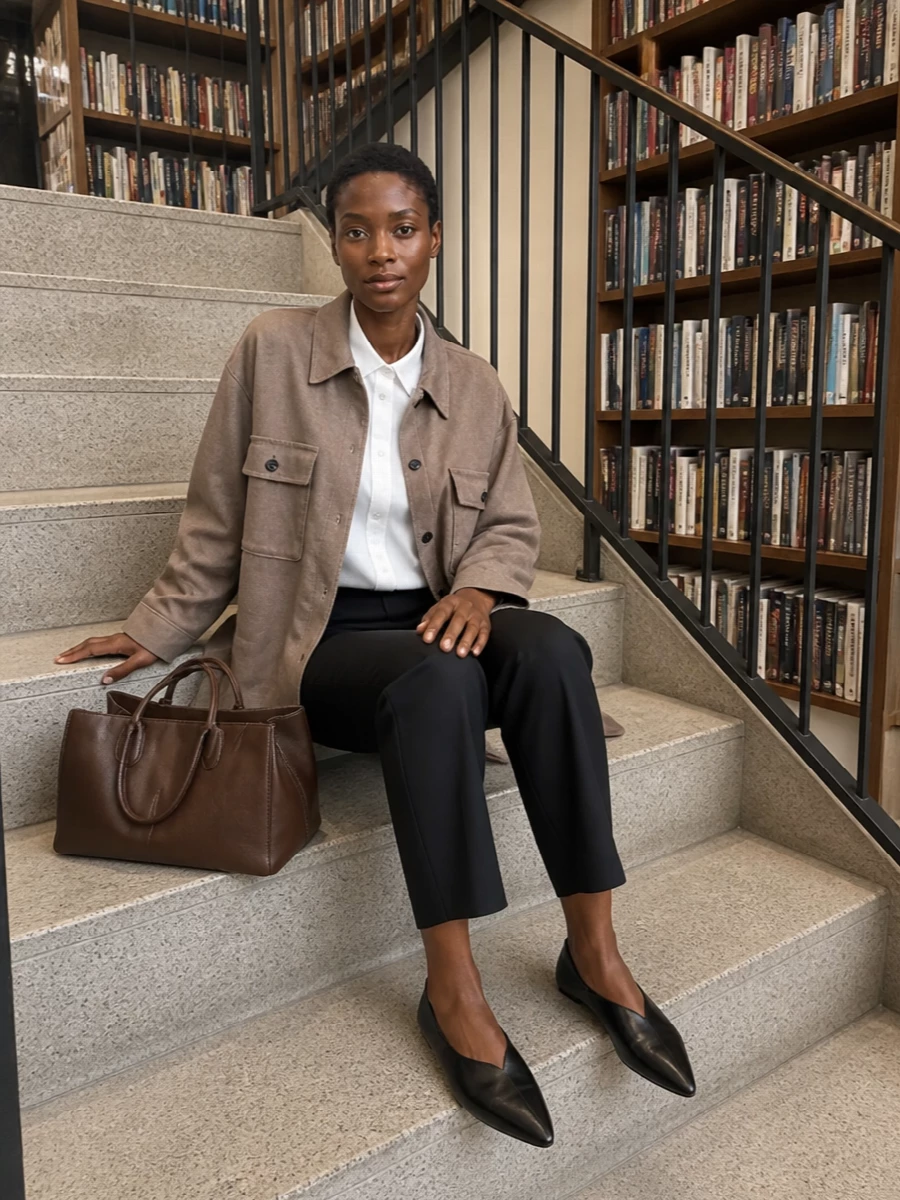 The row taupe shirt coat black tailored trousers